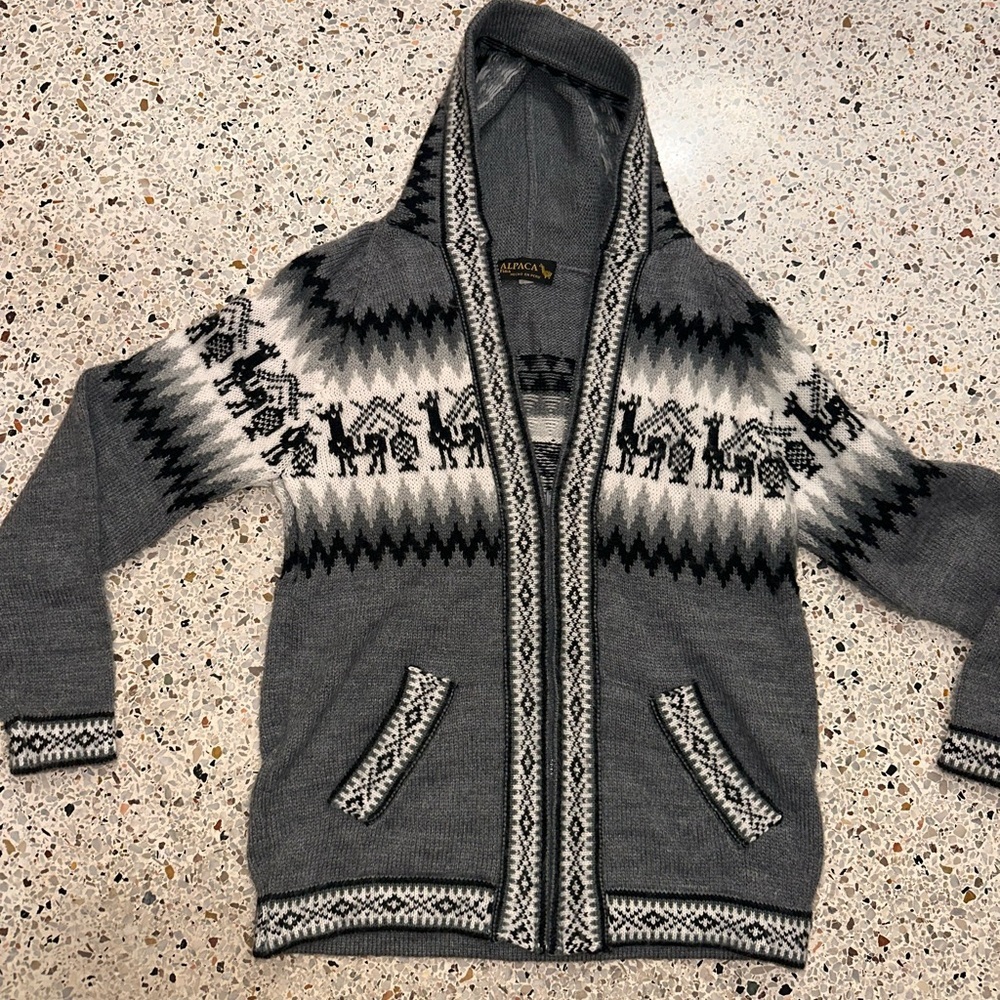 Grey gray Alpaca zip up hoodie hooded sweater small s